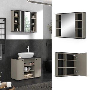 Vicco Badspiegelschrank Joli, Greige, 80x60 cm, mit Spiegeltüren und offenen Regalen.