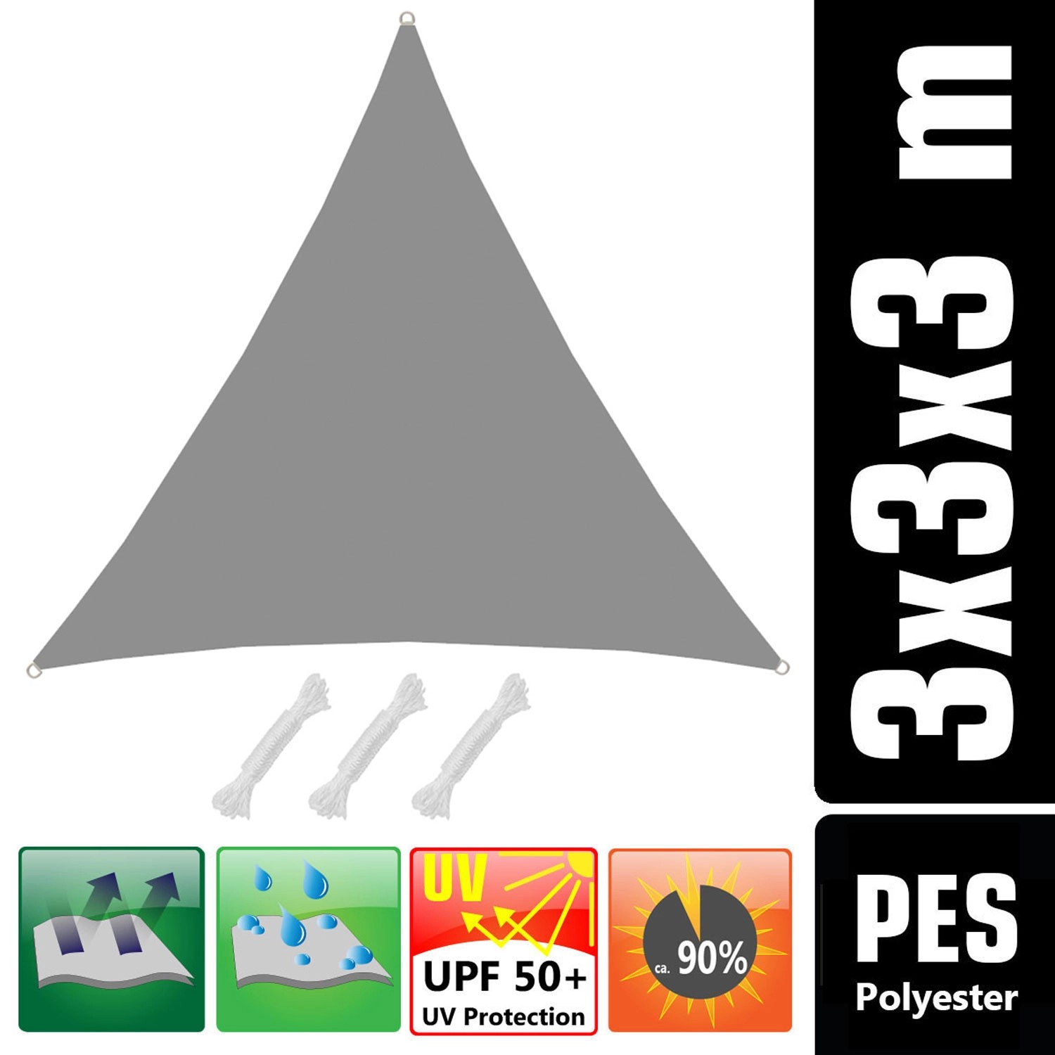 Graues AMANKA Sonnensegel Dreieck 3x3x3m aus Polyester, wasserabweisend mit UV Schutz.