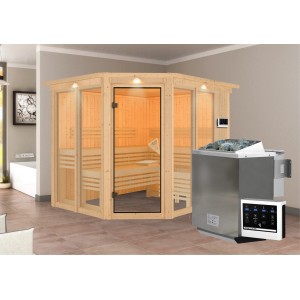 Karibu Sauna Airin 3 mit Bio-Ofen und LED-Dachkranz in Natur, Eckeinstieg mit Glastür.