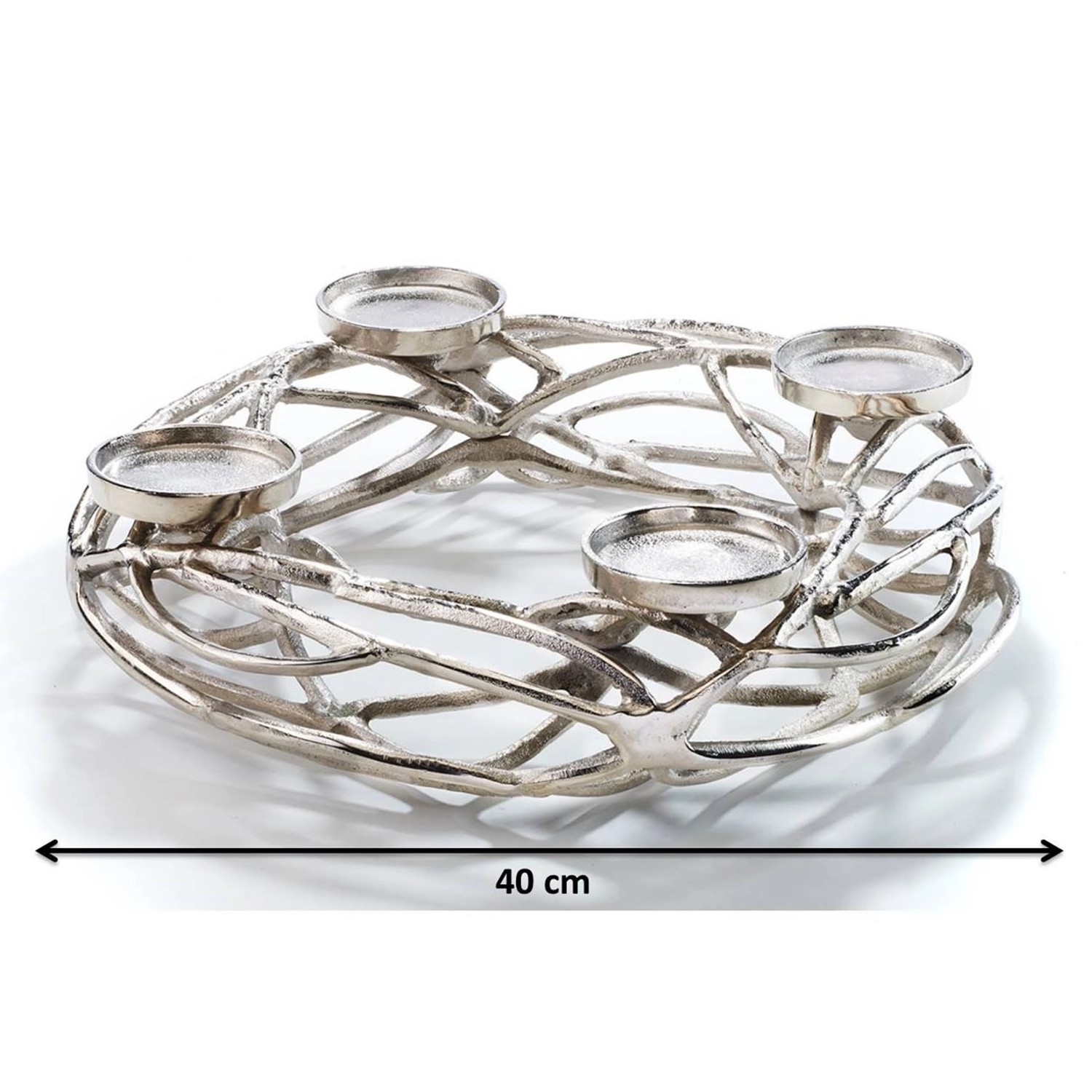 Silberner Kobolo Adventskranz aus Metall für 4 Kerzen, Durchmesser 40 cm. Weihnachtsdekoration.