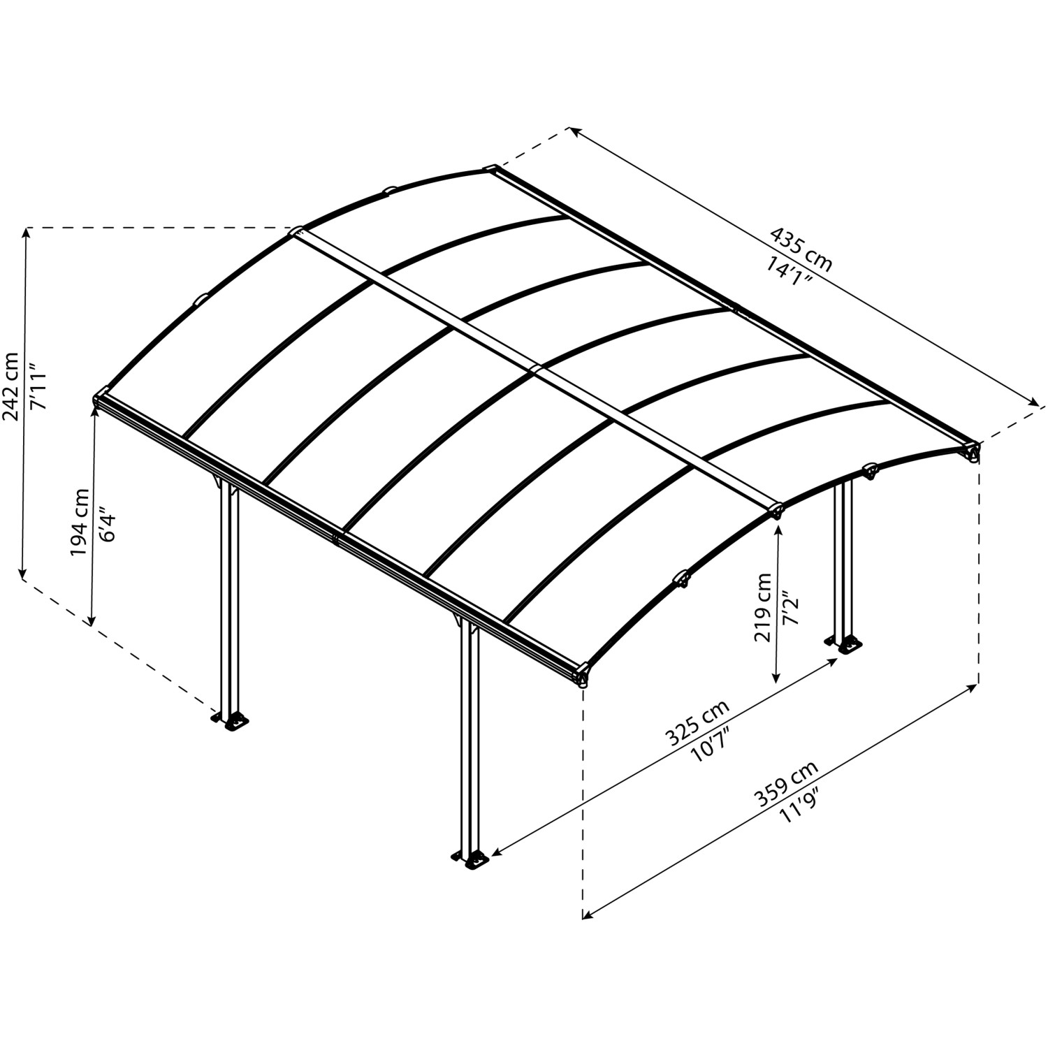 Skizze Canopia Carport Arcadia 4300, anthrazit, mit Maßangaben zu Höhe, Breite und Tiefe.