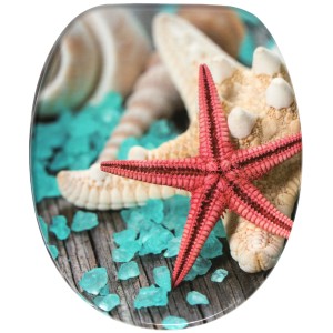 Sanilo WC-Sitz Bath Salts mit Absenkautomatik, Holz, Seesterne und Badesalz-Motiv.