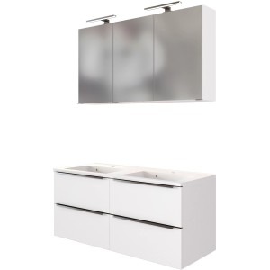 2-teiliges, matt weißes Doppelwaschtisch-Set Monza 120 cm von Held Möbel mit Spiegelschrank.