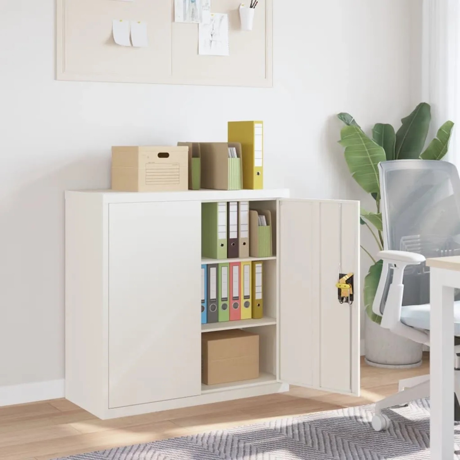 Weißer vidaXL Aktenschrank aus Stahl (90x40x90 cm) mit offenen Türen und Ordnern.