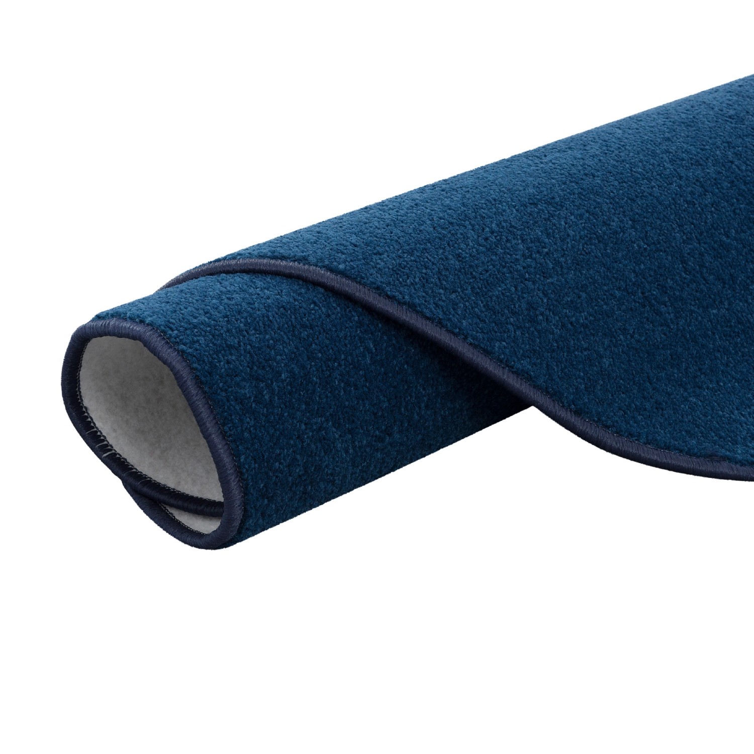 Gerollter, runder, dunkelblauer Velours Teppich (160cm) der Marke Snapstyle Trend.