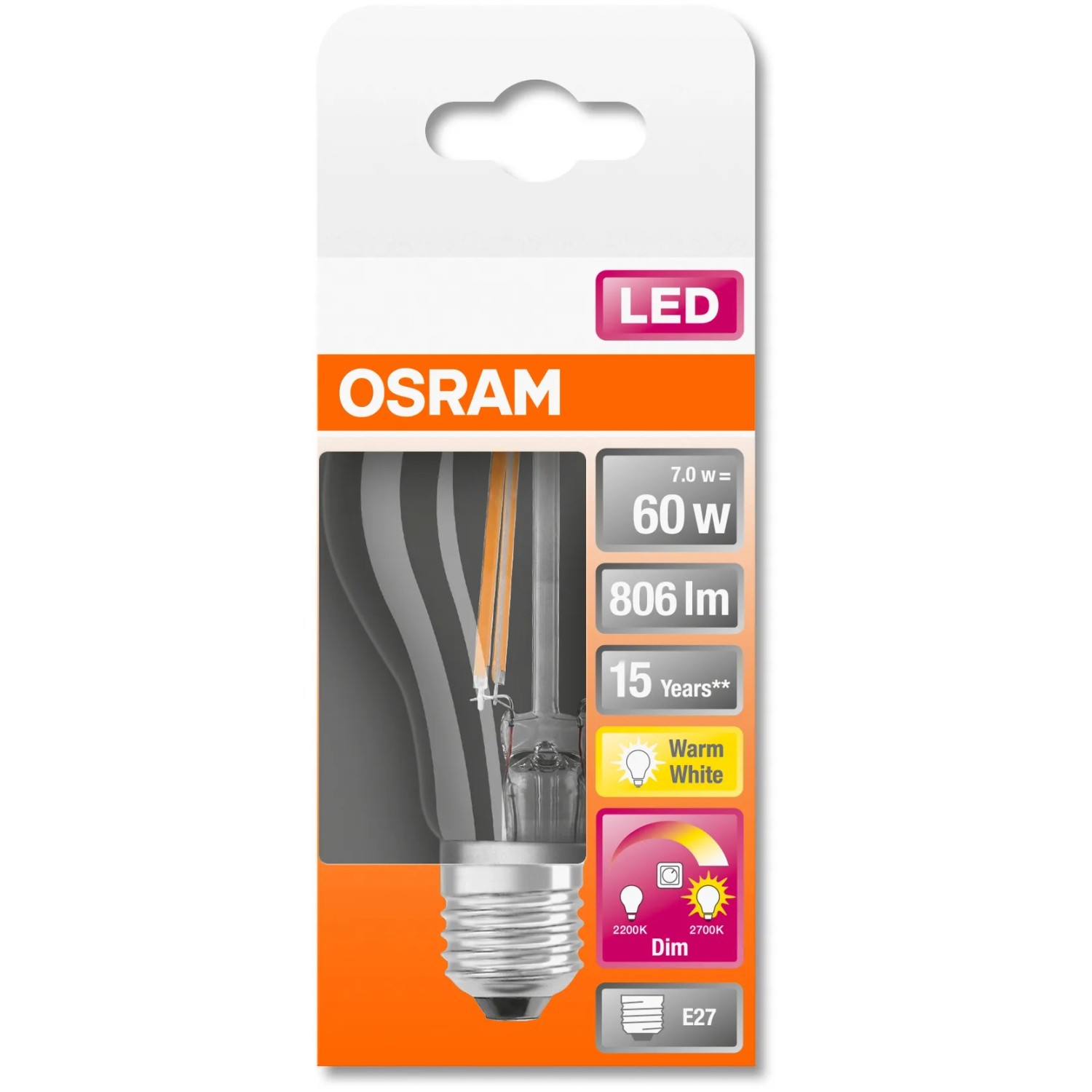 Osram LED-Lampe E27 in Glühlampenform, 6,5W, 806lm, warmweiß und dimmbar.