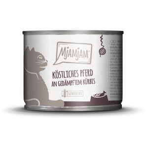 Mjamjam Katzen-Nassfutter Köstliches Pferd mit Kürbis, 200g Dose.