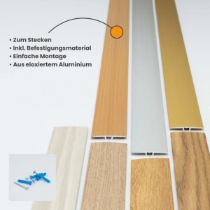 Dalsys Übergangsprofil Flach, eloxiertes Aluminium, in Holzoptik, Silber, Gold. Inkl. Befestigung für Laminat & Parkett.
