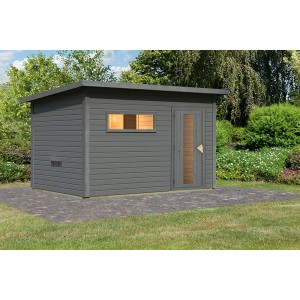 Terragraues Karibu Saunahaus Arvi 6 mit Tür und Fenster im Garten.