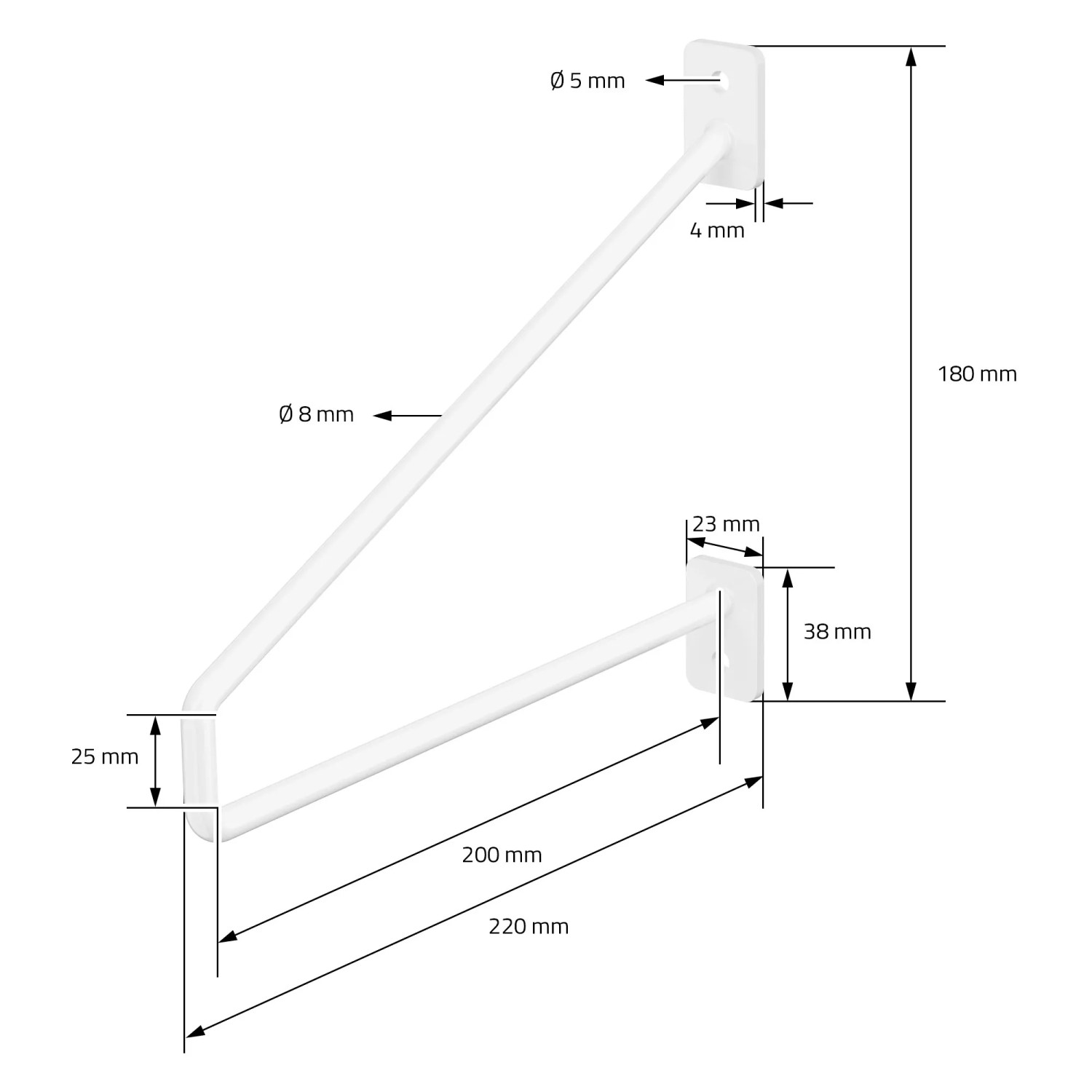 ML-Design Regalhalterung 220mm, weiß, Stahl, Haarnadel-Design, Regalwinkel mit Maßangaben.