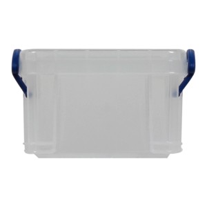Transparente Clipbox 0,14l mit blauen Clips zur Aufbewahrung.