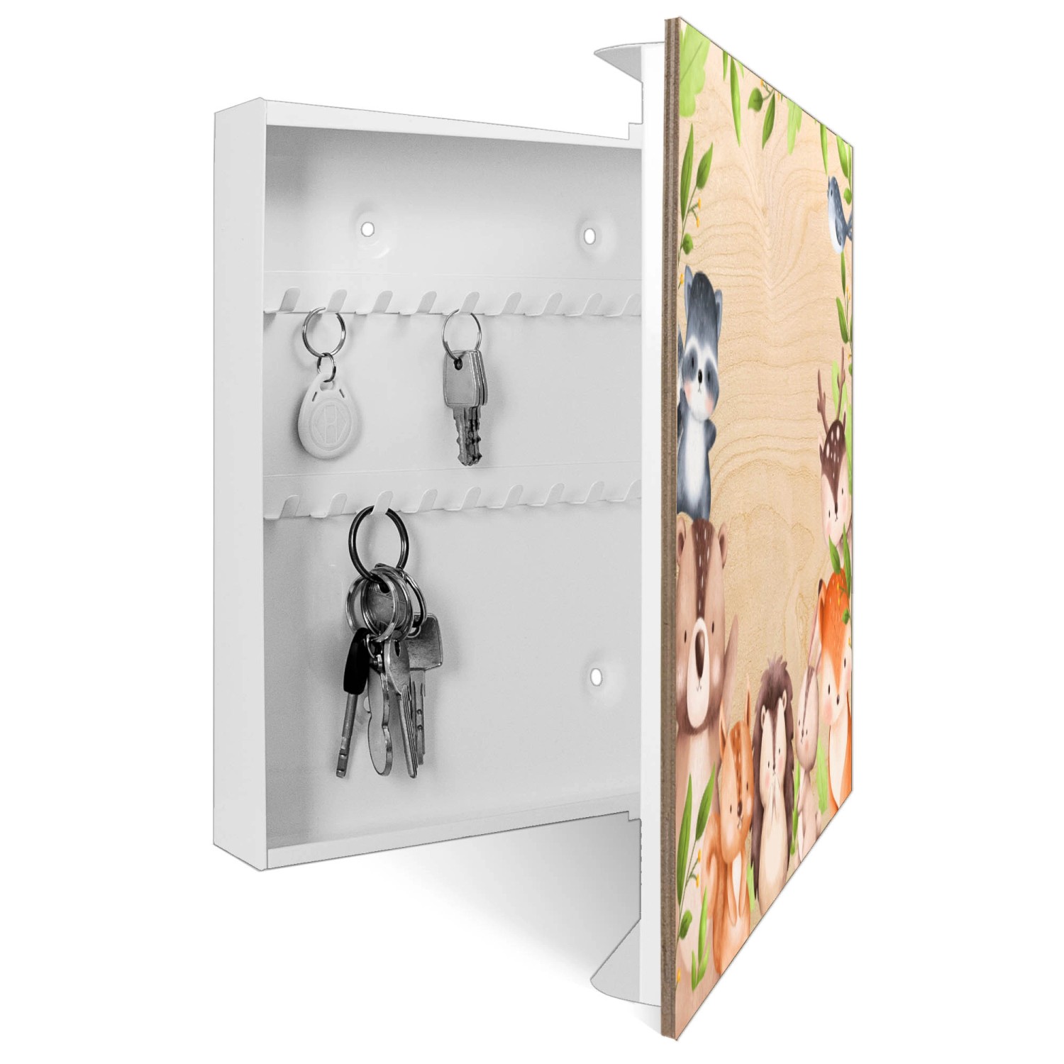 Offene, weiße Schlüsselbox aus Holz von Banjado mit Waldtier-Motiv und 50 Haken.