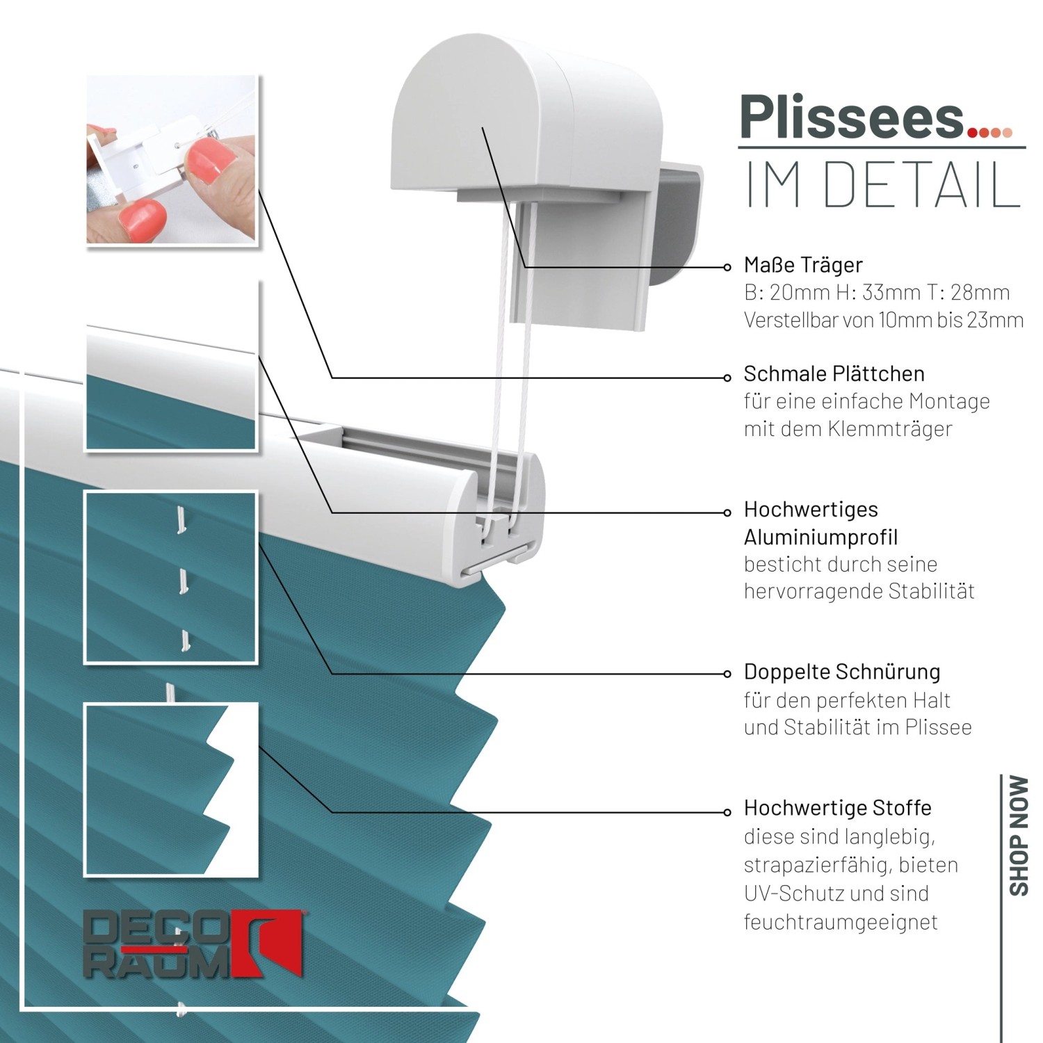 Detailansicht: Petrolfarbenes Plissee 95x210 cm mit Klemmfix-System für einfache Montage ohne Bohren.
