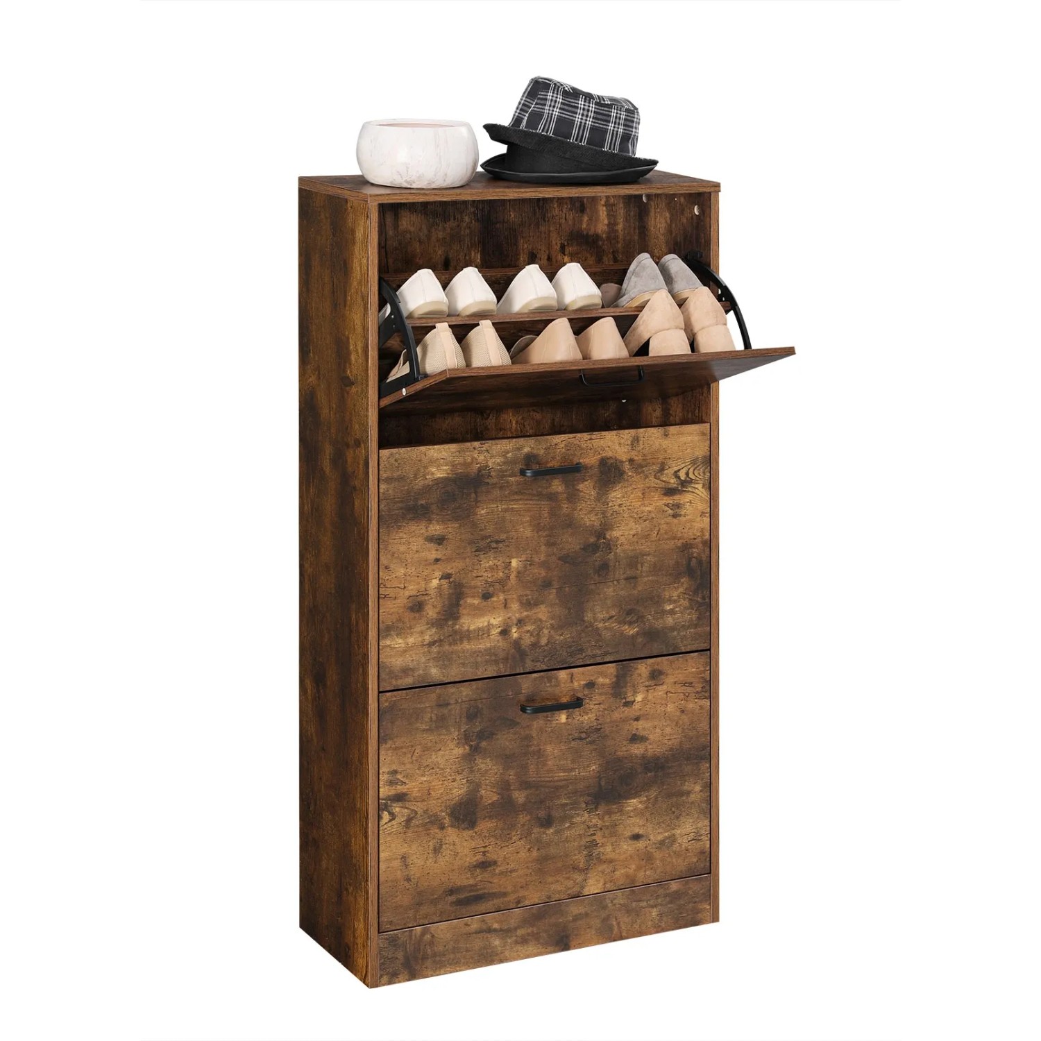 Vasagle Schuhschrank in Braun mit 3 Fächern und geöffneter Klappe, Schuhe sichtbar.