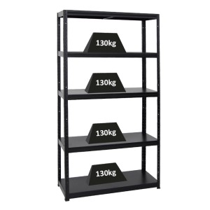 Schwarzes PROREGAL Schwerlastregal Steel Eagle mit 5 Böden, je 130 kg belastbar.