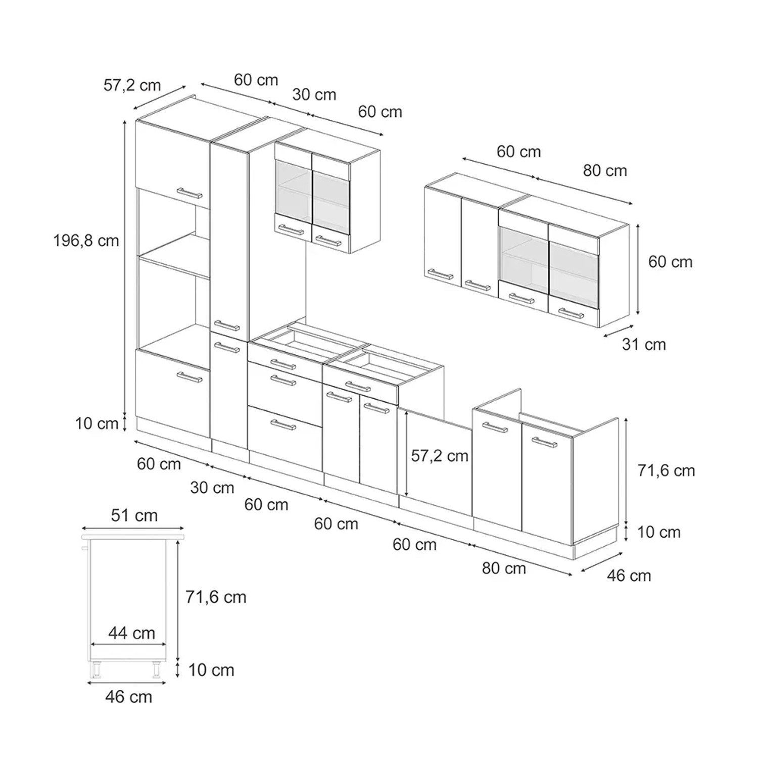 Skizze der Vicco R-Line Küchenzeile, 350 cm, schwarz/weiß mit Eiche Arbeitsplatte und Maßen.