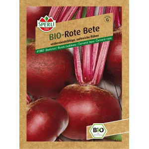 Samenpackung Sperli Bio Rote Bete: Rote Rüben mit grünen Blättern im Vordergrund.
