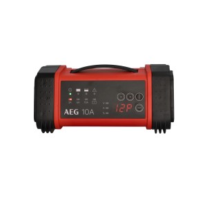 Rotes AEG LT 10 A Batterieladegerät mit LED-Anzeige für 12 V/24 V Autobatterien.