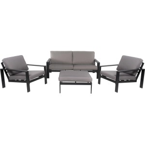 Home Deluxe Lounge-Set Rio L, 4-teilig, Aluminium schwarz/hellgrau, mit Sofa, 2 Sesseln und Hocker.