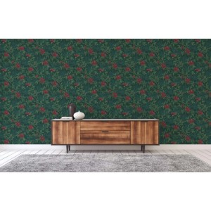 Tadessi Vliestapete Floral M1-No.690. Dunkelgrüne Tapete mit roten Blumen und grünen Blättern, ideal für dekorative Wände.