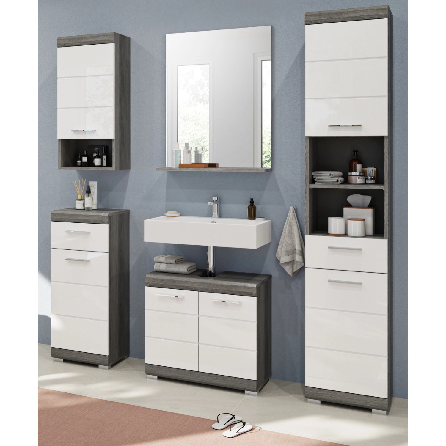 Inn.Furn Badmöbel-Set Weiß Hochglanz Grau 5-teilig 164 cm 13 Fächer Shawn günstig online kaufen