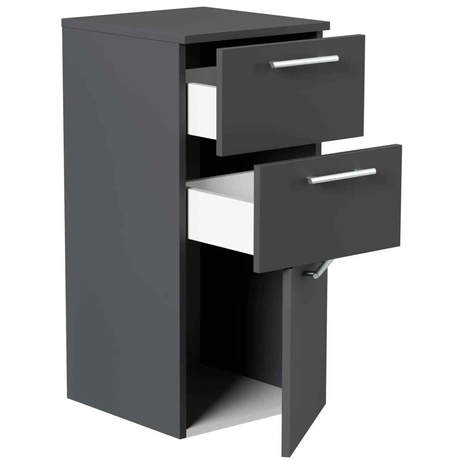 Posseik Midischrank, 75 cm, Grafit, mit zwei Schubladen und einer Tür geöffnet.