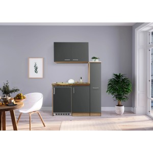 Respekta Miniküche MK130ESGOSC, 130 cm, Grau-Eiche Dekor mit Kühlschrank, Kochfeld und Apothekerschrank.