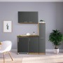 Respekta Miniküche MK130ESGOSC, 130 cm, Grau-Eiche Dekor mit Kühlschrank, Kochfeld und Apothekerschrank.
