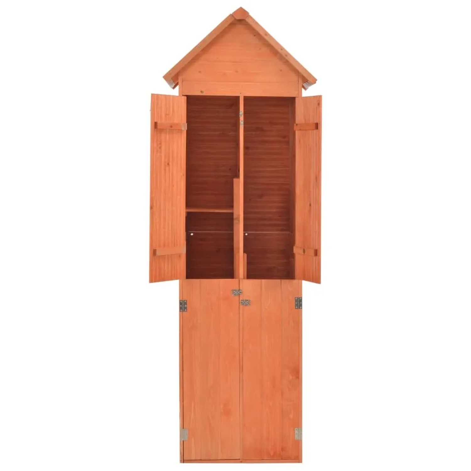 vidaXL Garten-Geräteschuppen aus Holz mit Regalen und vier Türen, offen.