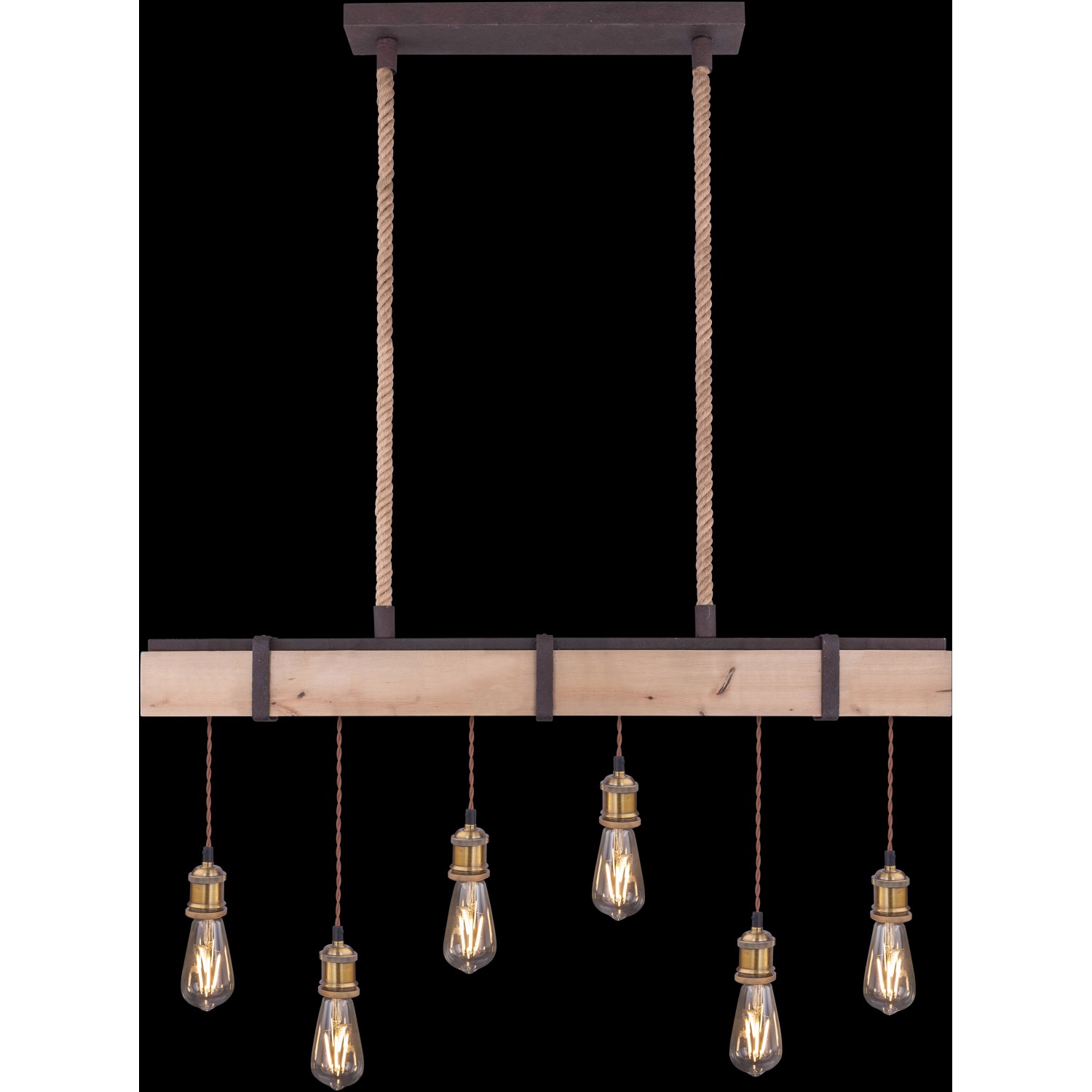 Rustikale Pendelleuchte Mucha mit Holzbalken, Seilaufhängung und sechs Edison-Glühbirnen.