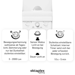 Oktaplex Pablo LED Außenlampe: Detailansicht der Einstellungsoptionen für Bewegungsmelder und Lichtstufen.
