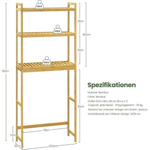 Schlankes Bambus Badregal mit 3 Ablagen, naturfarben, ideal als Waschmaschinen- oder Toilettenregal. Bietet Stauraum.