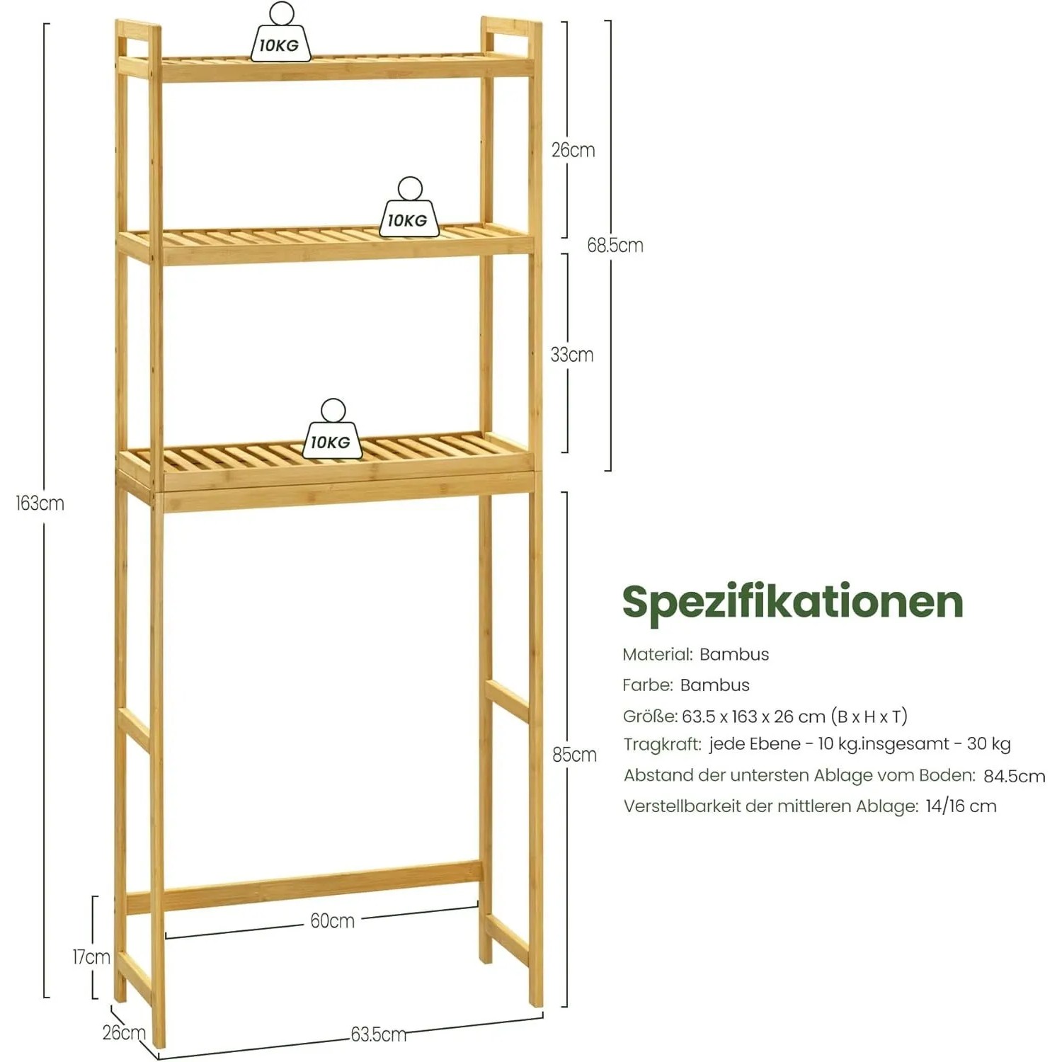 Schlankes Bambus Badregal mit 3 Ablagen, naturfarben, ideal als Waschmaschinen- oder Toilettenregal. Bietet Stauraum.