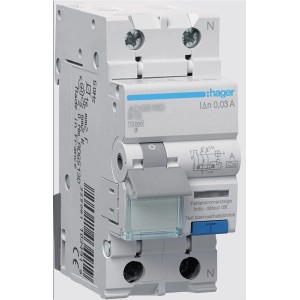 Hager Fehlerstrom-Leitungsschutzschalter B-16A/1P+N, Schutz vor Überlast und Kurzschluss.