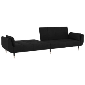 Schwarzes vidaXL Schlafsofa, 2-Sitzer mit Kissen, Samt, als Bett ausgeklappt.