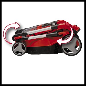 Zusammengeklappter Einhell Akku-Rasenmäher GP-CM 36/41 Li-Solo mit Pfeilen zur Darstellung des Klappmechanismus.