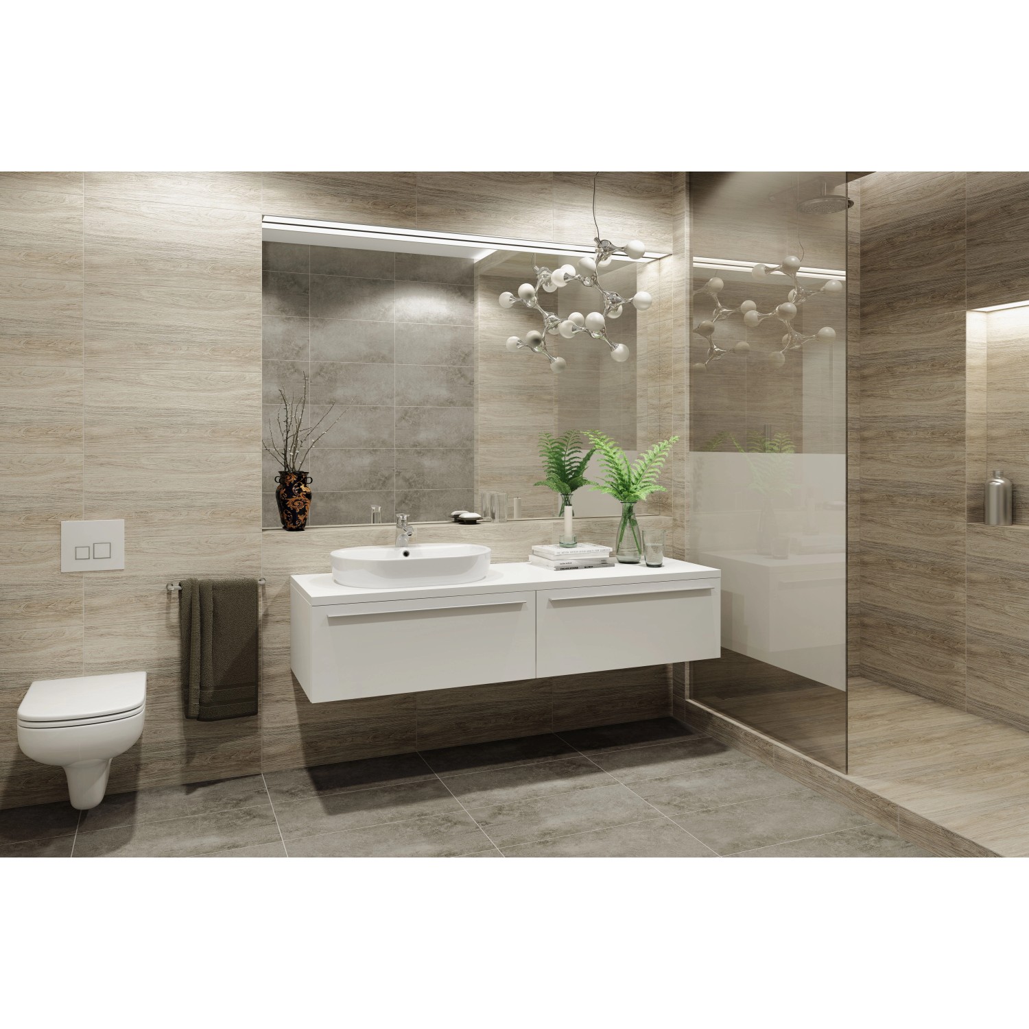 Beige Bodenfliese Tizura Feinsteinzeug glasiert im Badezimmer mit Dusche und Waschbecken.