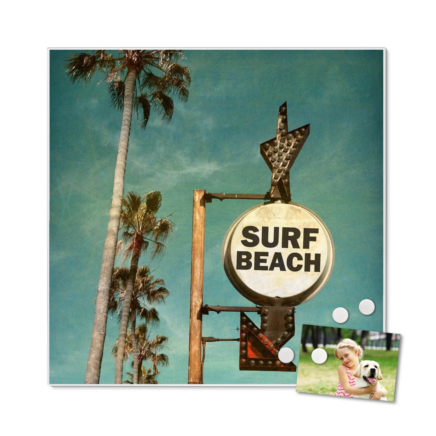 Weiße Magnettafel 50x50cm mit Surf Beach Motiv. Metall-Pinnwand inkl. Magnete für Notizen und Fotos.