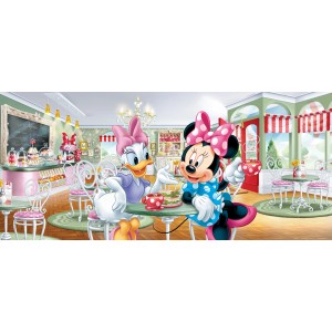 Disney Fototapete mit Minnie Maus und Daisy Duck im Café, rosa, lila und grün, 202x90 cm.