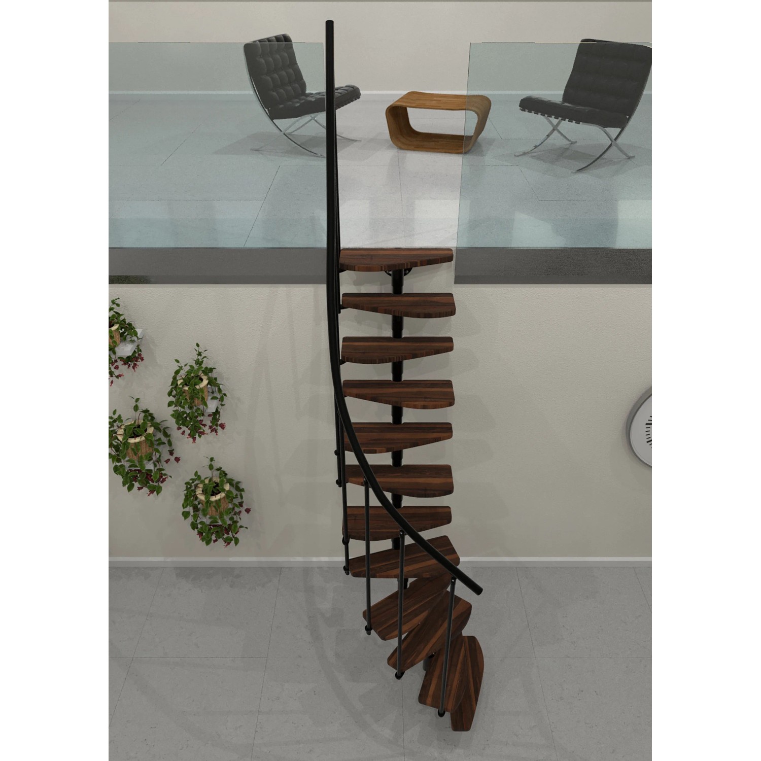 Minka Raumspartreppe Monte Carlo in Walnuss/Schwarz, elegante Innentreppe mit Holzstufen und Metallgeländer.