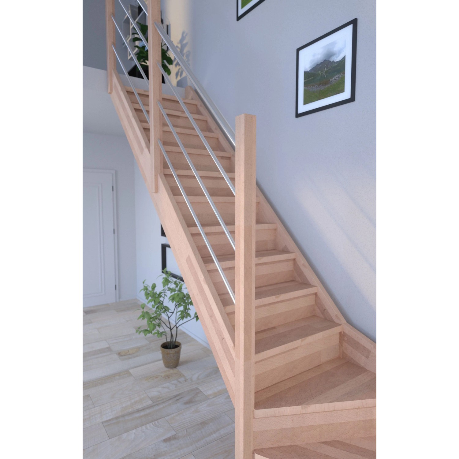 Mykonos Pro Buche Treppe, 1/4 gewendelt links, mit Holz-Edelstahl-Geländer. FSC®-zertifiziert.