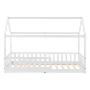 Weißes Juskys Kinderbett Marli 90x200 cm im Hausdesign mit Rausfallschutz und Lattenrost.