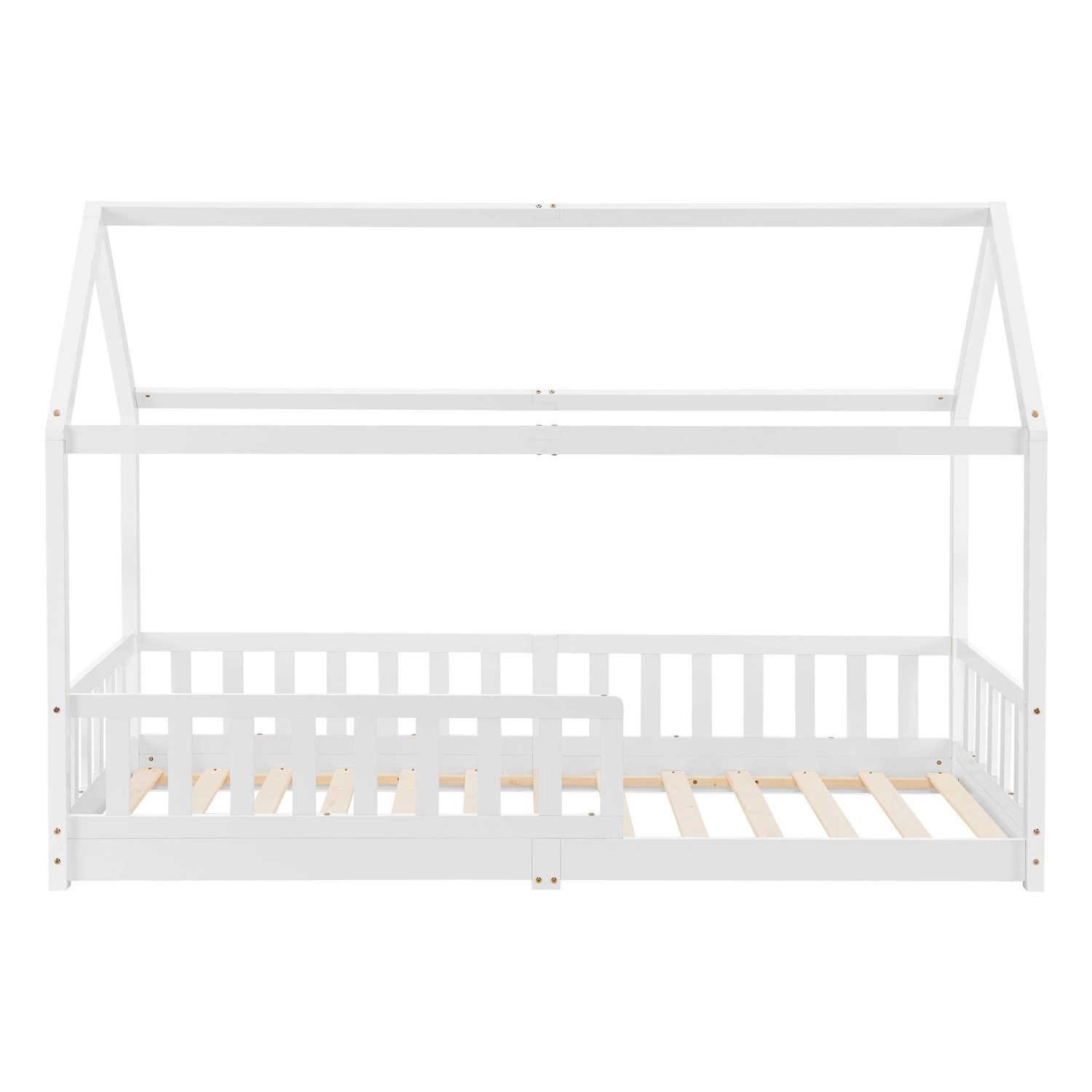 Weißes Juskys Kinderbett Marli 90x200 cm im Hausdesign mit Rausfallschutz und Lattenrost.