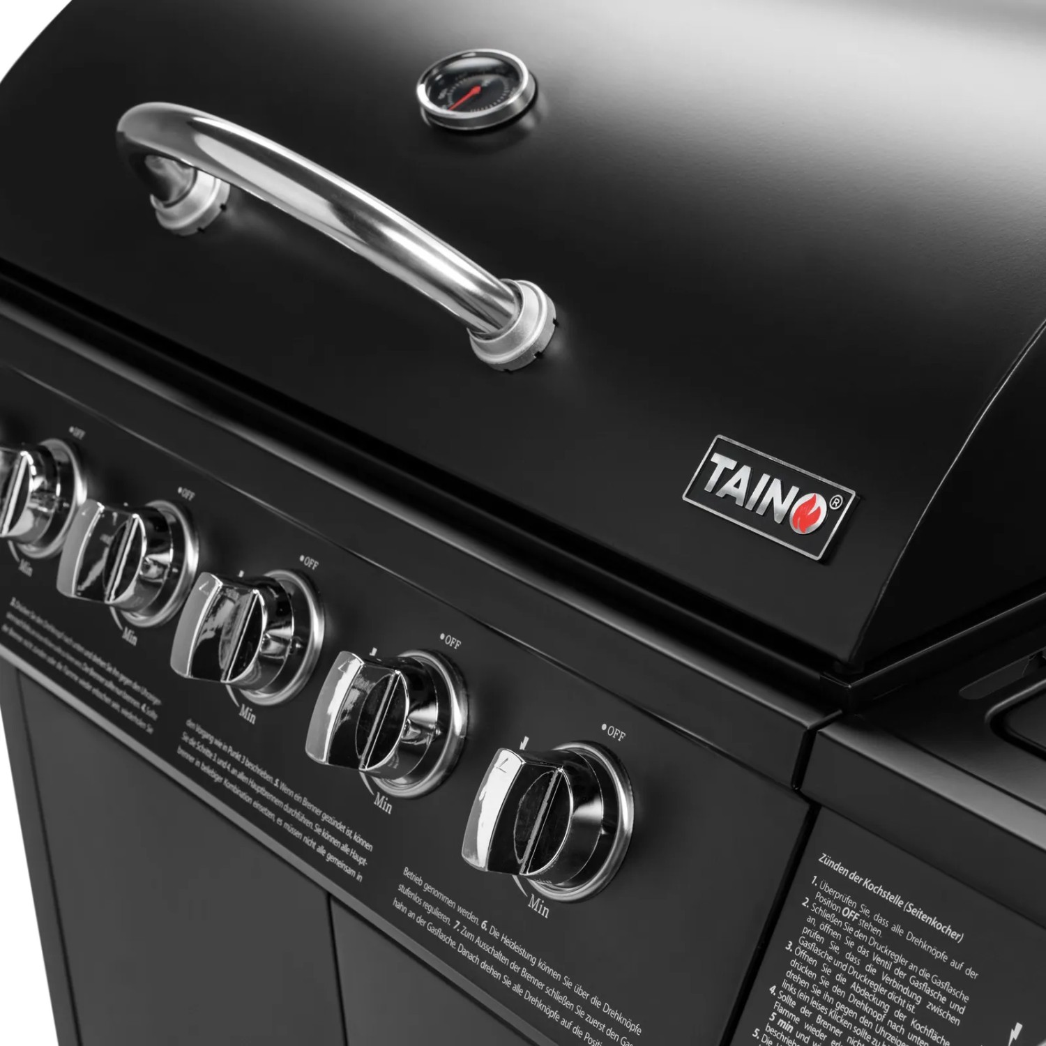 Schwarzer Taino Basic 6+1 Gasgrill mit Edelstahl-Brennern und Seitenkocher, Detailansicht.