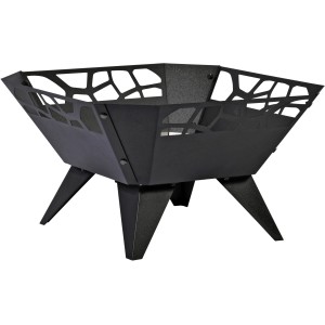 Viereckige, schwarze Dobar Design-Feuerschale mit Funkenschutz im Kachel-Design auf vier Füßen.