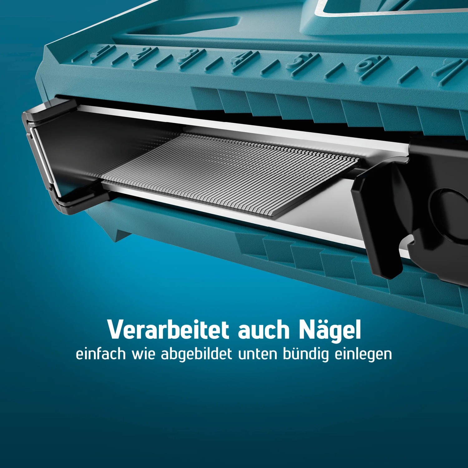 Detailaufnahme des Novus J-50 Handtackers mit eingelegten Nägeln. Tacker aus Aluminium in blau.