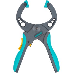 Wolfcraft Ratschenspannzwinge FZR 5 cm, Spannwerkzeug mit grauem Rahmen und türkisen Griffen.