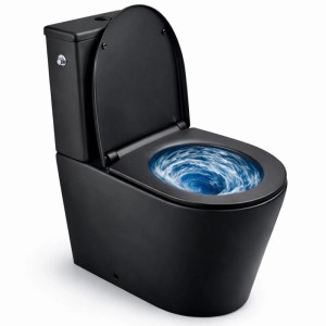 Schwarz mattes Stand-Kombi-WC mit Tornado-Spülung. Spülrandlose Toilette mit Softclose-Sitz und Spülkasten für Ihr Bad.