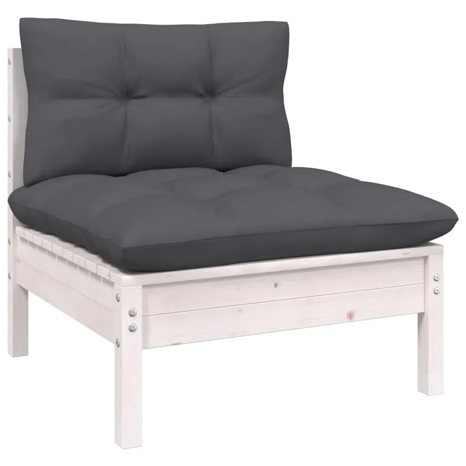 Weißes Gartenmöbel-Lounge-Element aus Kiefernholz mit anthrazitfarbenen Kissen.