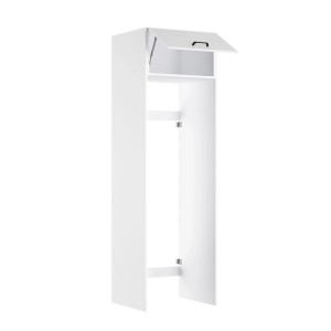 Weiße OPTIFIT Waschsäule Bonn214 mit Klappe für Waschmaschine und Trockner im Hauswirtschaftsraum.